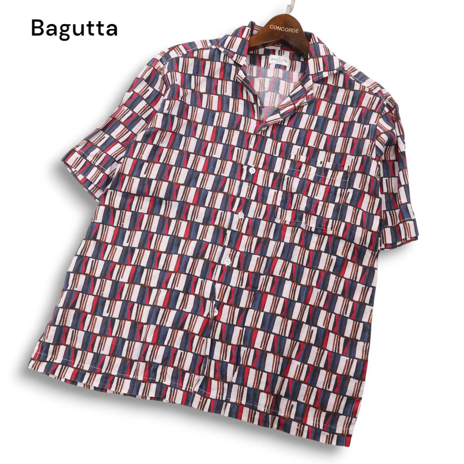 Bagutta バグッタ 春夏 麻100%☆ 幾何学模様 総柄 半袖 オープン