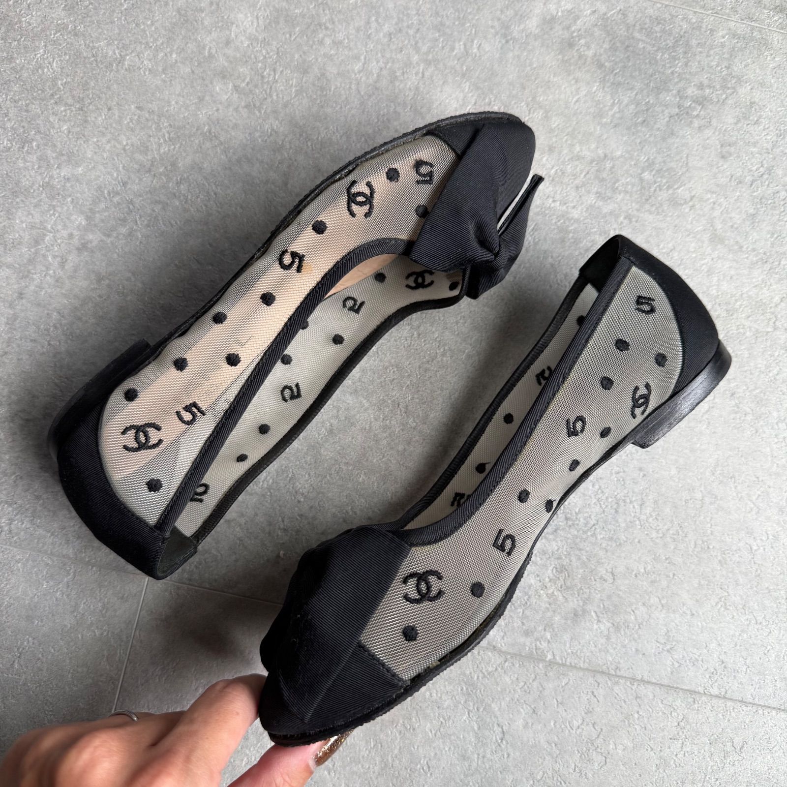 CHANEL シャネル ドットチュール リボン フラットシューズ ココ