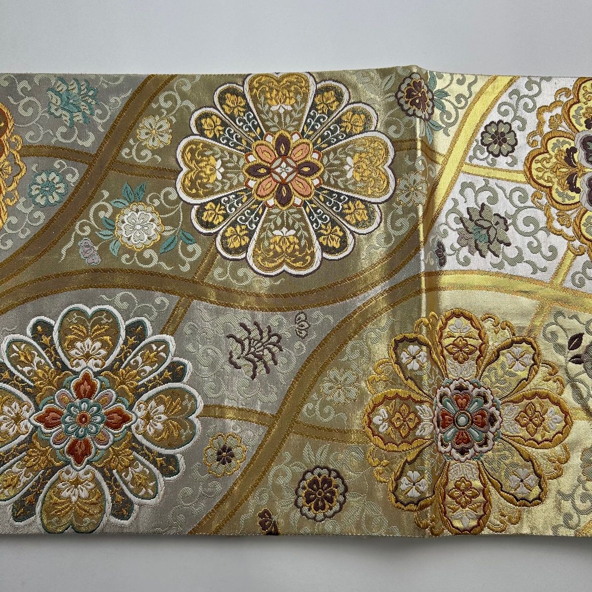 輪奈織 金華山 唐織 袋帯 蜀江文 菱文様 金糸 銀糸 正絹 六通 Q611