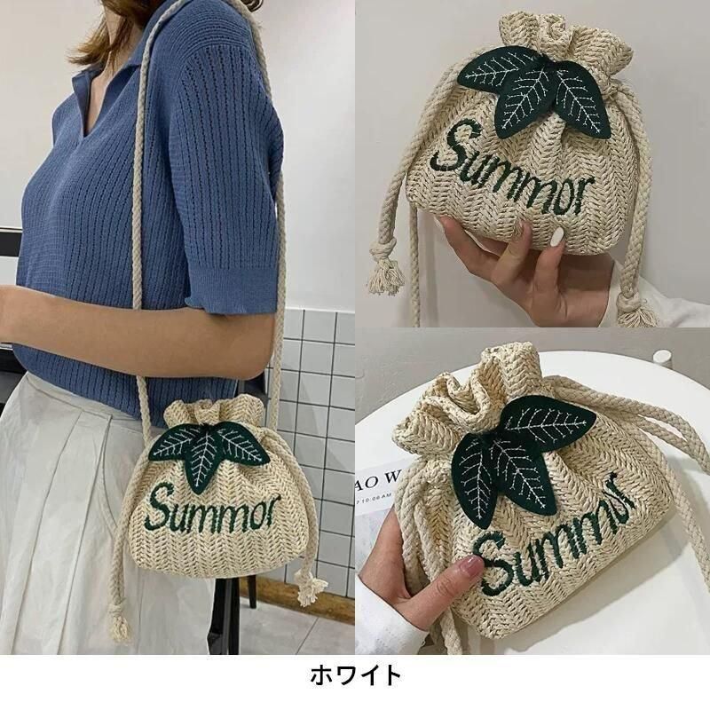 ショルダーバッグ 葉っぱ モチーフ 巾着 かごバッグ ポーチ summer 刺繍 リゾート 夏バッグ ざっくり 素朴 おしゃれ かわいい 肩掛け 斜め掛け 手提げ キッズ 子