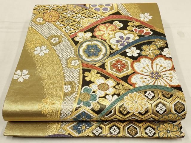 平和屋着物▽振袖用六通柄袋帯 唐織 吉祥草花文 金糸 正絹 逸品