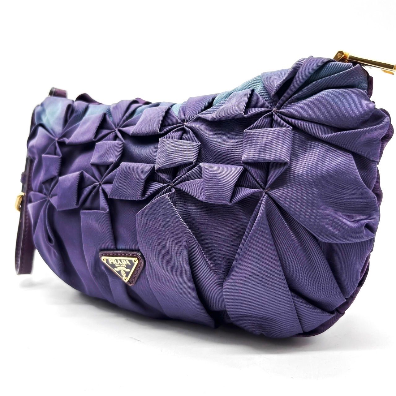 PRADA ナイロンハンドバッグ ワンショルダー レザー編み リボン パープル PRADA ナイロンハンドバッグ ワンショルダー レザー編み リボン パープル