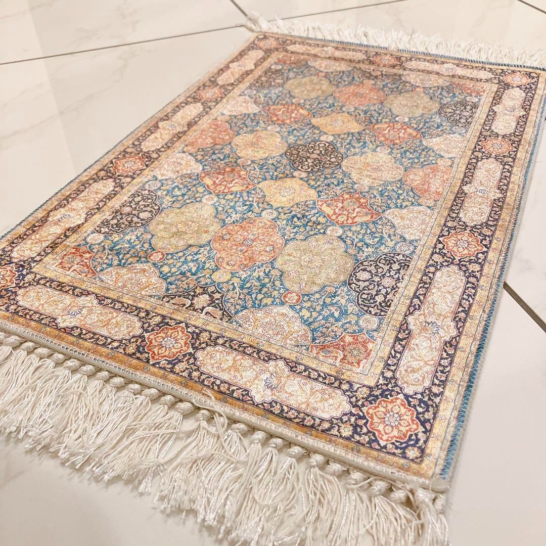 トルコ絨毯 40×59 ラグ ペルシャ風 マット 北欧 ブルー 曼荼羅玄関
