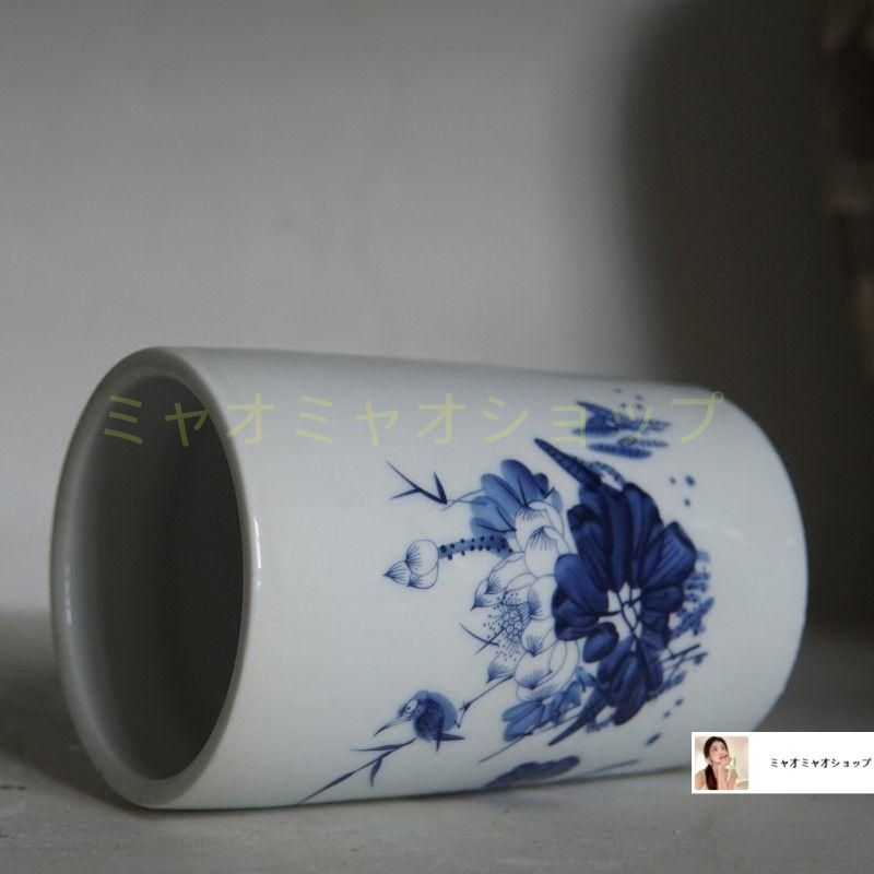 青花帽子筆筒 筆置 筆入 書道具 文房具 現代工芸品 美術品 装飾品 青花荷塘情趣陶磁筆筒 書道具 文房具 現代工芸品 美術品 置物