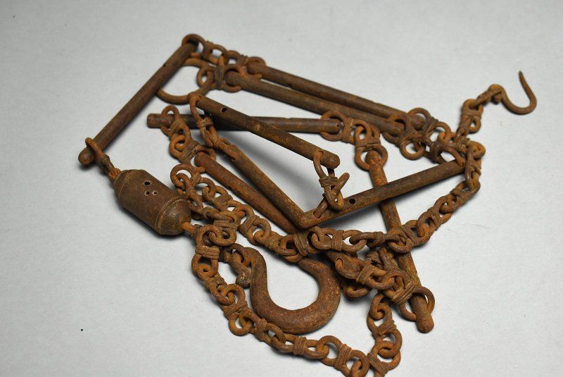 蔵A5033 時代 鉄造 釜鎖 遠州流家元 初出し品 古箱