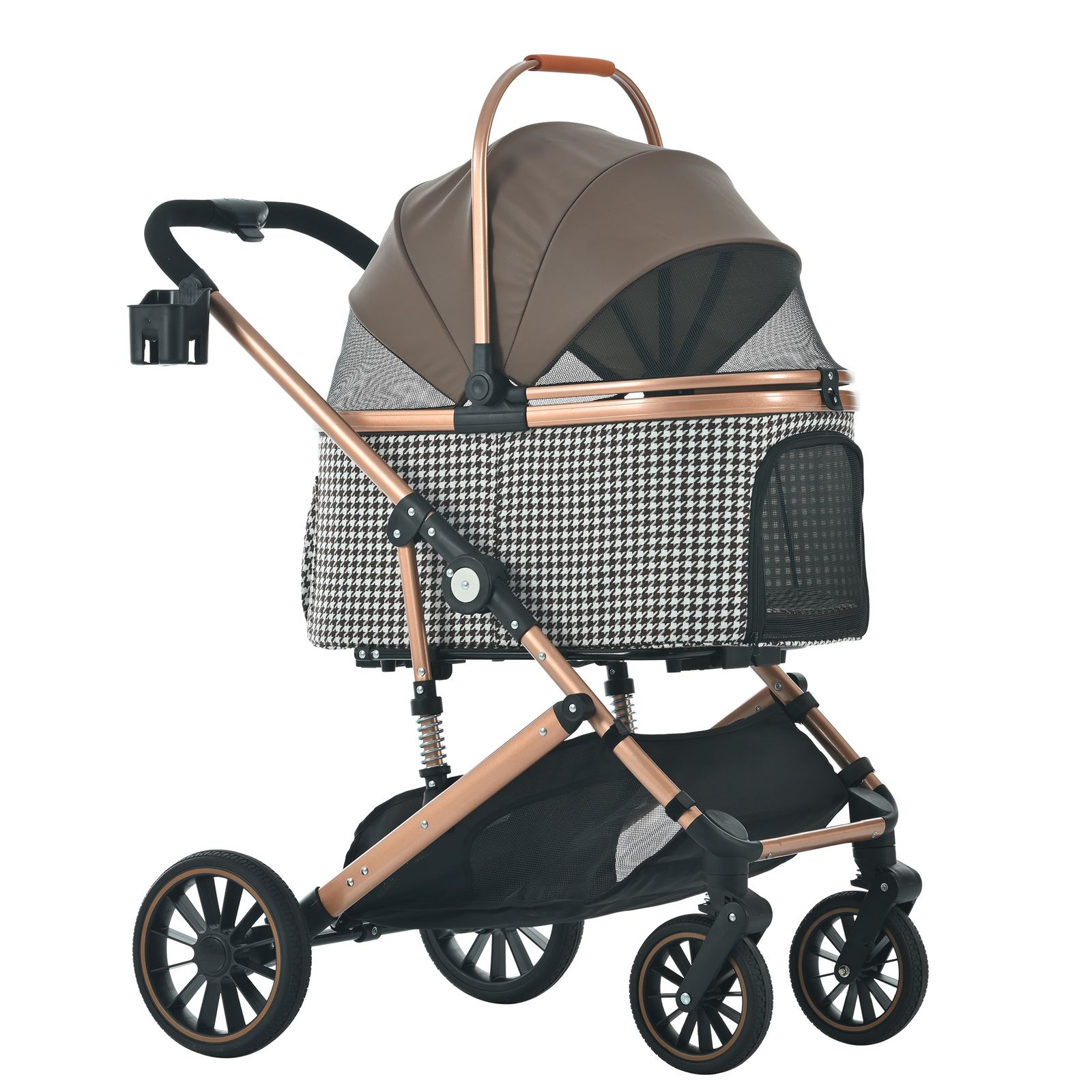 15％割 Petbliss ペットカート Lsize 対面式 分離式 2way 折りたたみ 多頭 中型犬 小型犬 フルオーペン 4輪 アルミ製 収納 軽量 ストッパー付き ダンパー付き 組立簡単 犬カート ドッグカートペットバッグ 千鳥格子-コーヒー