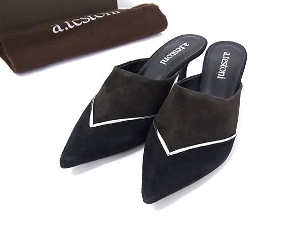 ■極美品■a.testoni ア テストーニ スエード ミュール表記サイズ： 36 1/2 ( 約23.5cm)  靴 シューズ レディース ブラック系 BJ8410 □極美品□a.testoni ア テストーニ スエード ミュール表記サイズ: 36