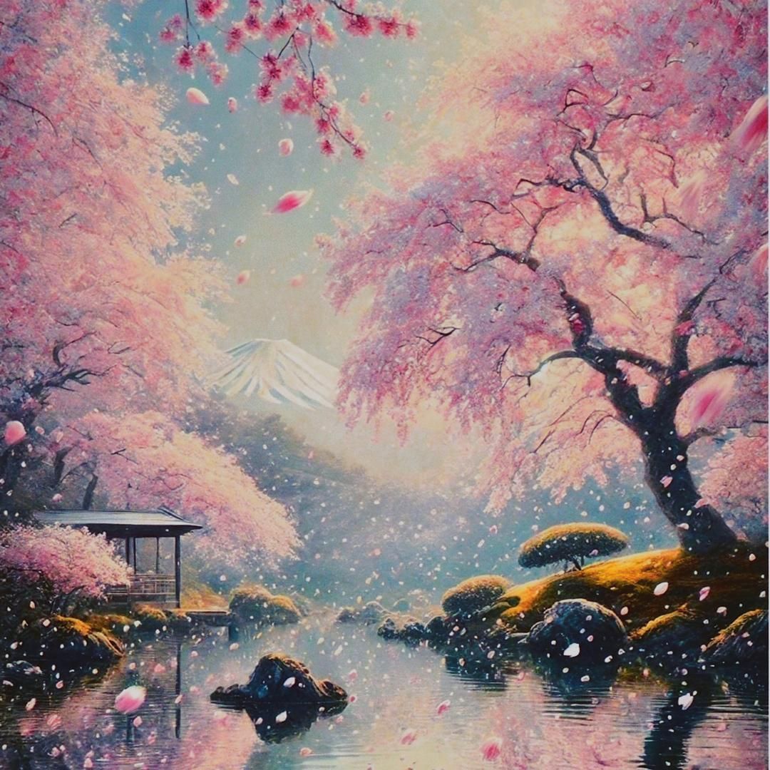 花さそふ 嵐の庭の 雪ならで【AIアート 桜富士山】A4額装品がんどうあつし制作 AIアート】花さそふ 嵐の庭の 雪ならで 桜富士山春日本AI生成