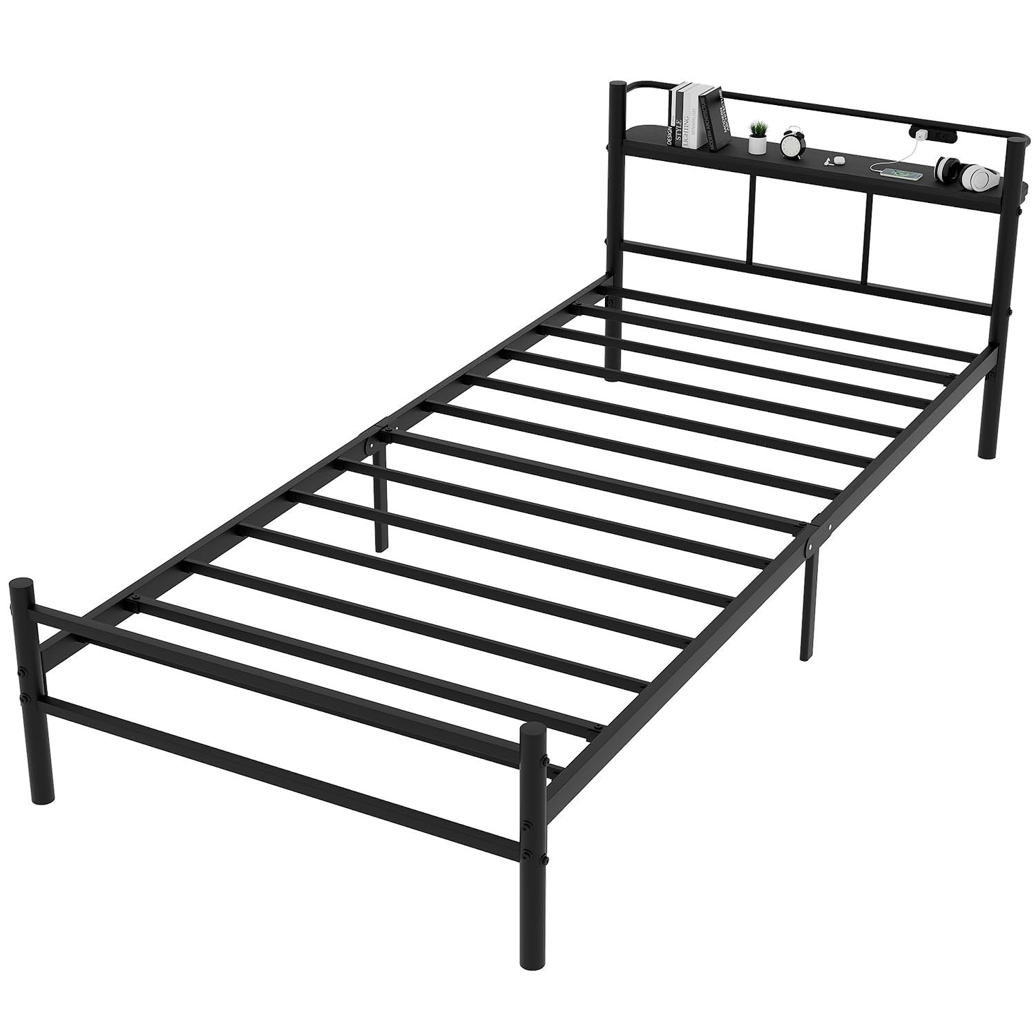 Alebert アレベルト ベッドフレーム パイプベッド収納棚付き ベッド コンセント付き スチールベッド 収納 防錆 頑丈 安定性 耐久性 組み立て簡単 ブラック シングル