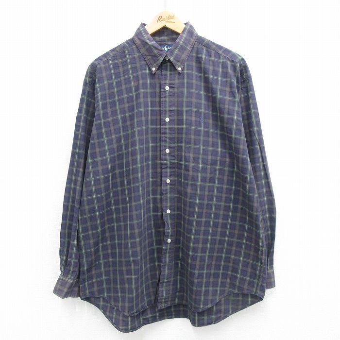 XL/古着 ラルフローレン 長袖 ブランド シャツ メンズ 90s ワンポイントロゴ BLAKE 大きいサイズ コットン ボタンダウン 紺他 ネイビー チ