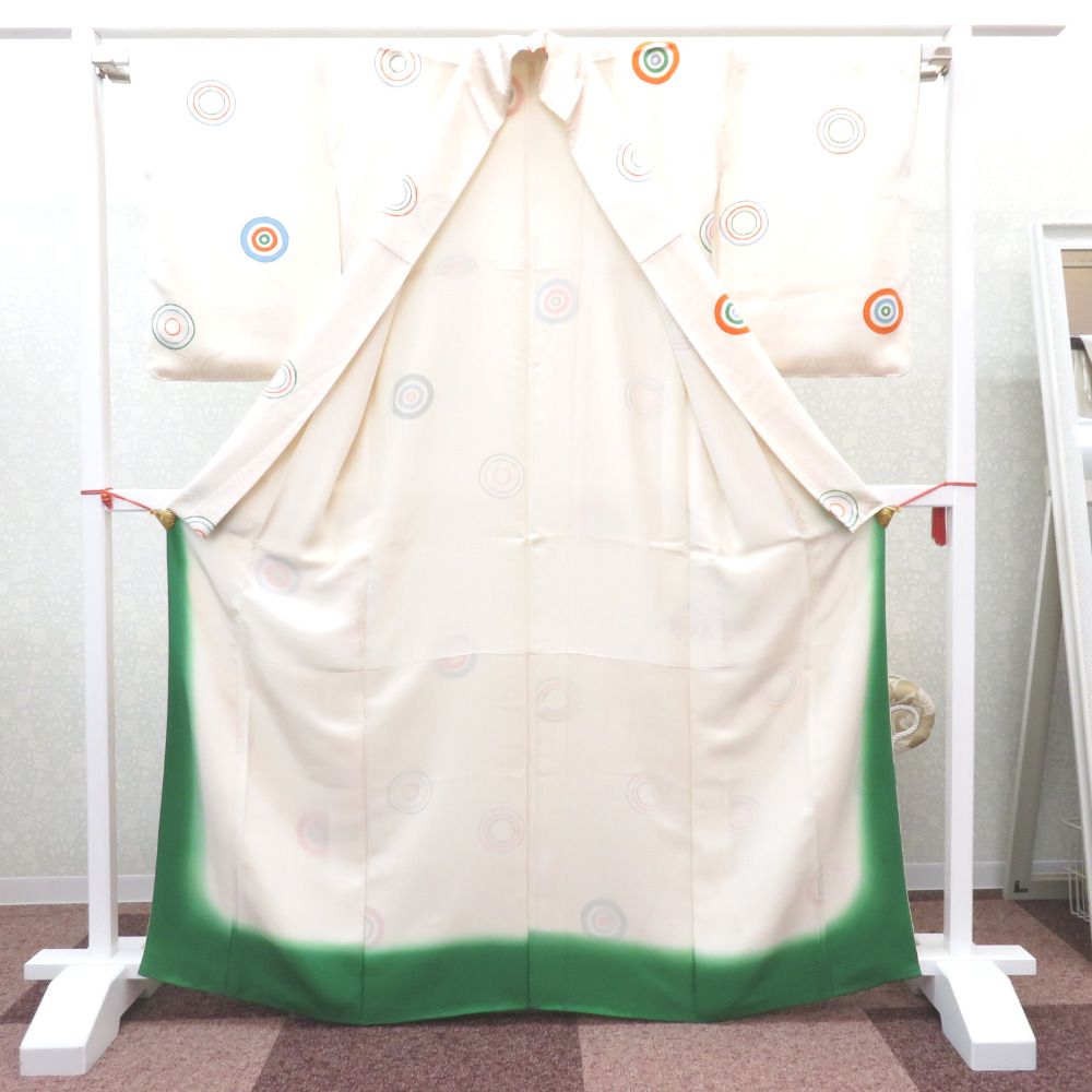 小紋 正絹 白 オレンジ 水色 緑 多重 円 丸 輪 袷 広衿 仕立て上り 