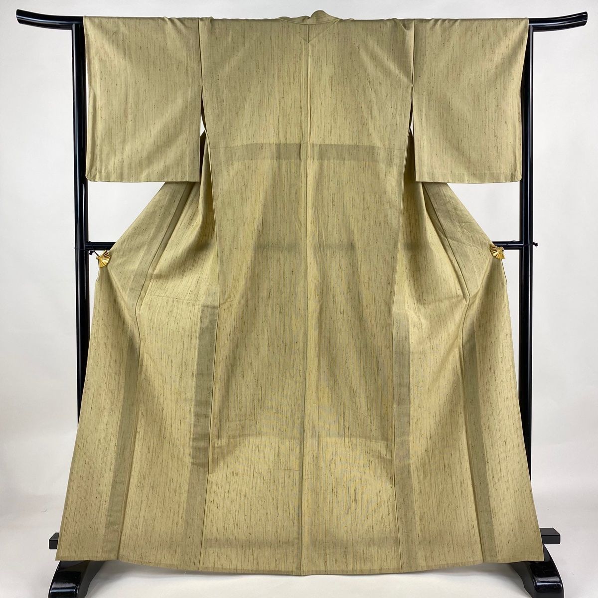 紬 身丈166.5cm 裄丈65cm M 単衣 縦縞 ベージュ 正絹 名品