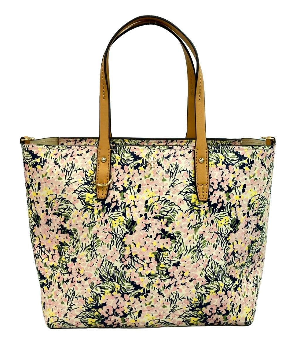 美品　トリーバーチ　ハンドバッグ　ベージュ　ロゴ　花柄　総柄　キャンバス　s53 美品 トリーバーチ ハンドバッグ ベージュ ロゴ 花柄 総柄