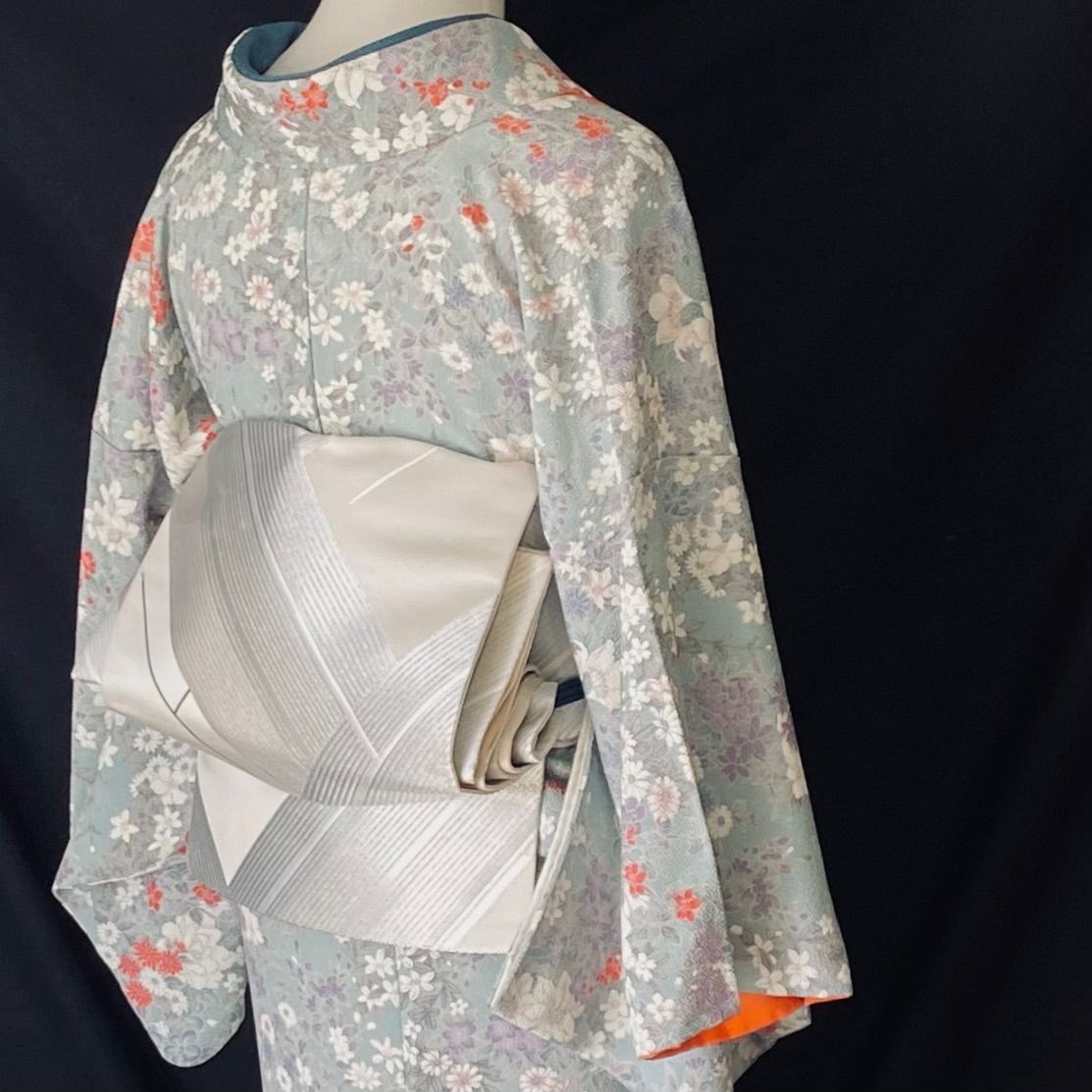 ブルーグレー縮緬の花の小紋〉トール 洋服感覚の着物 ⁡ - メルカリ 