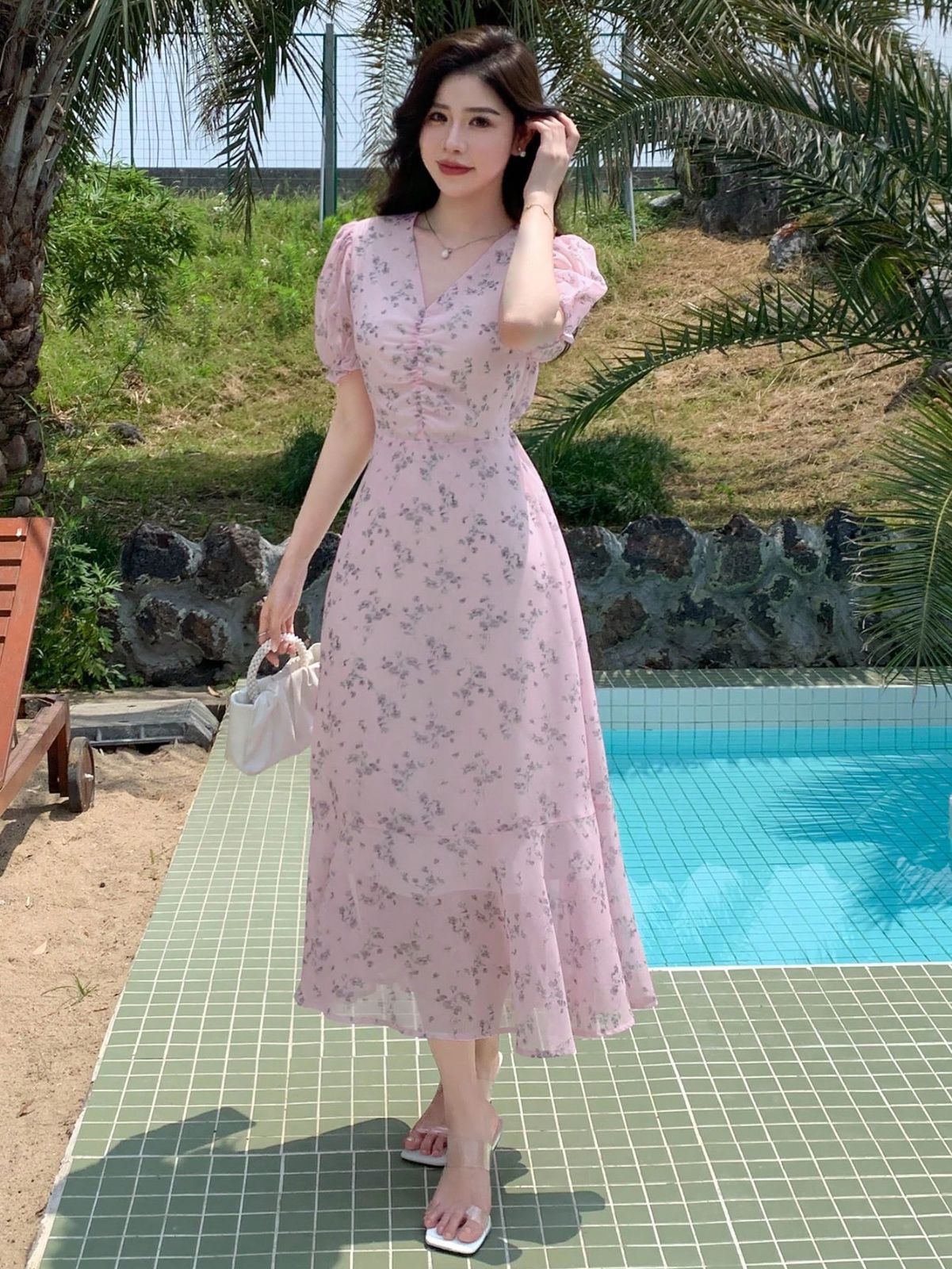 デイジー模様✿パフスリーブドレス 春夏 パーティ用エレガントドレス Callarus ドレス 「Callarus別注」「結婚式・お呼ばれ