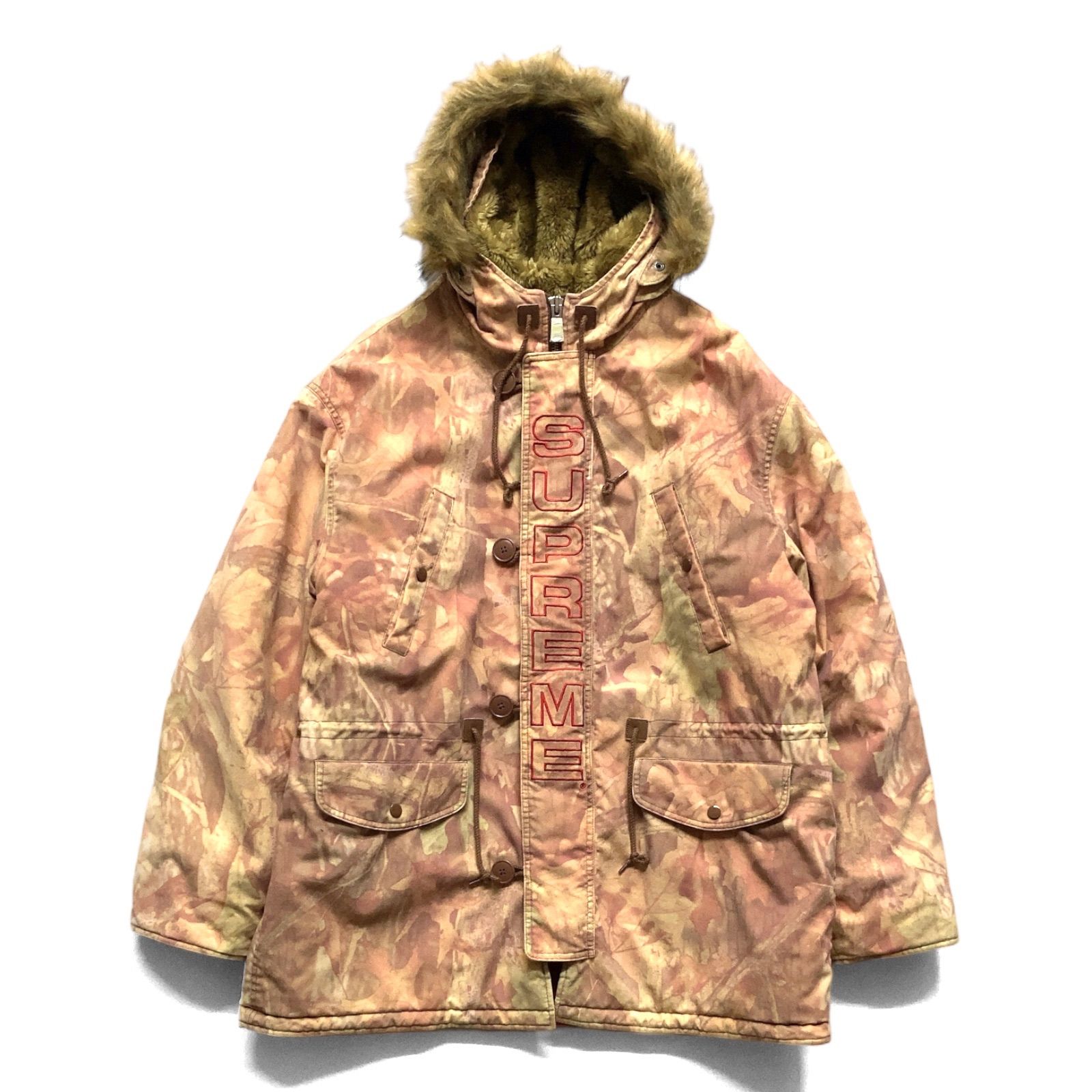 【美品】19FW SUPREME シュプリーム Spellout N-3B Parka ミリタリージャケット カモフラ アウター フード  フェイクファー 中綿 迷彩 XL Advantage Timber Camo