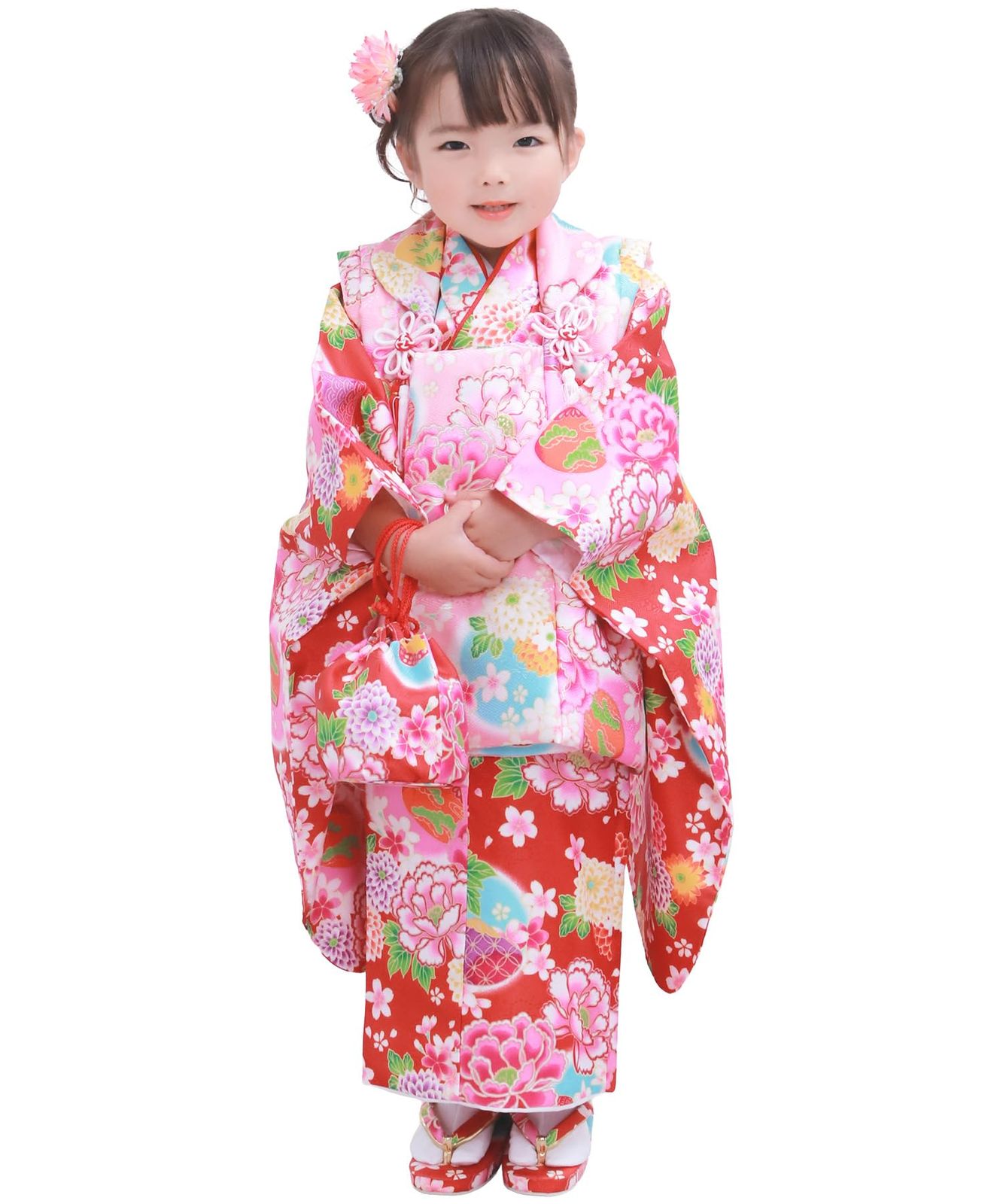 KYOETSU キョウエツ 着物セット 七五三用 3歳用 被布セット 華やかA 9点セット 柄被布 柄着物 伊達衿 長襦袢 髪飾り 巾着 草履 腰紐 足袋 ガールズ 6.紅色の花輪舞
