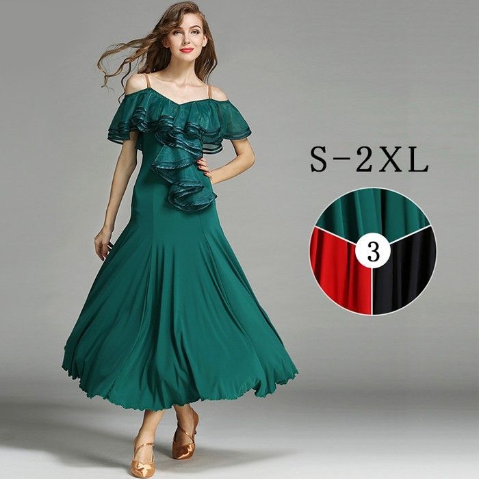 高品質 社交ダンス ドレス 社交ダンス衣装 練習着 広がる裾 発表会用 ワンピース パーティー レッスン着 発表会 競技着 演出用 開場ドレス ワルツ ドレス ロング丈 オールシーズン ブラック レッド グリーン