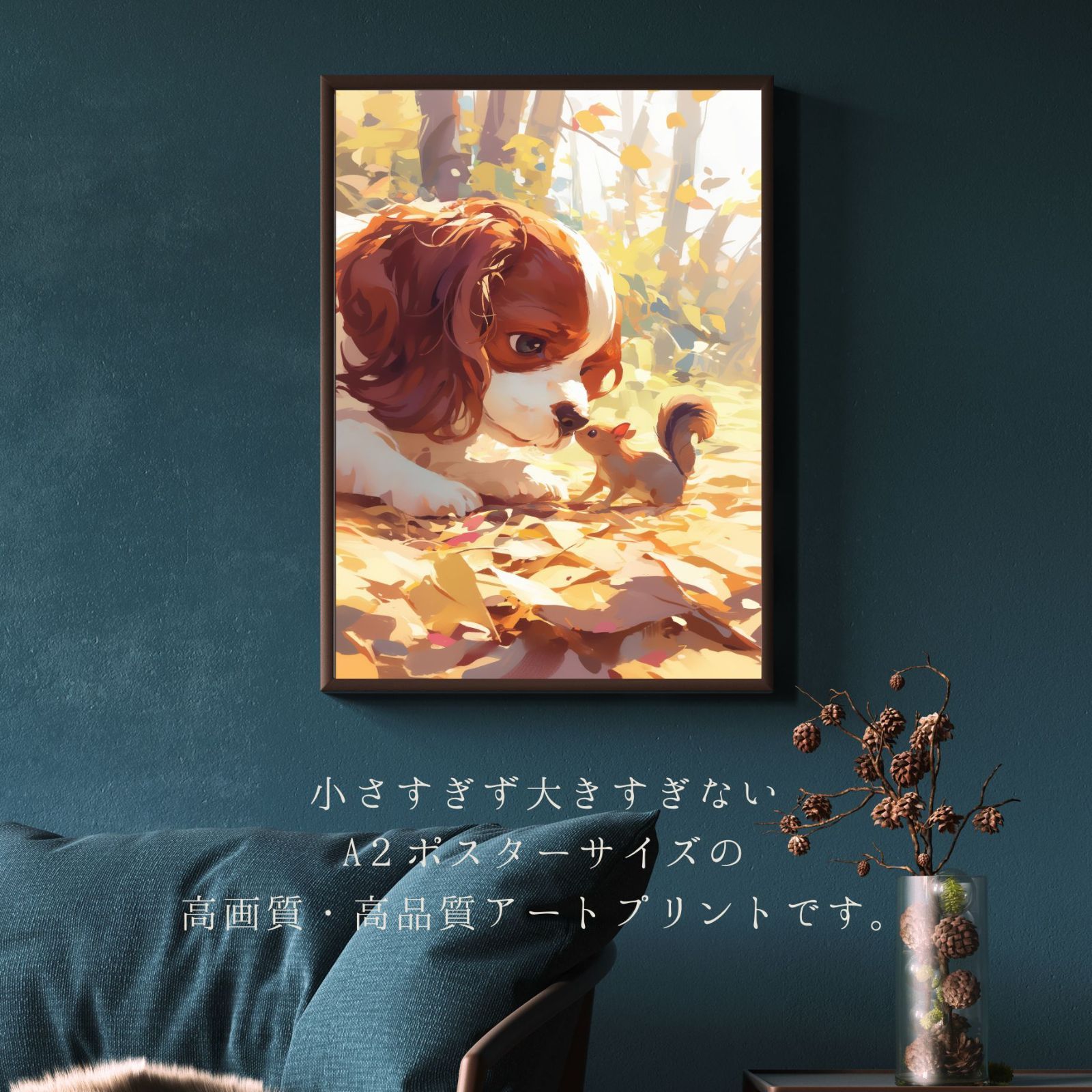 栗鼠犬戯舞 - キャバリア キングチャールズ スパニエル犬の子犬 No.1 リス 紅葉 秋 子犬 ペットロス うちの子記念日 アートポスター 犬の絵 犬のイラスト