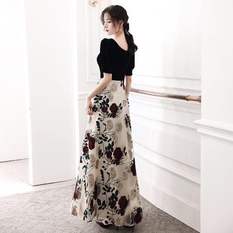 C34ドレス 発表会 結婚式 演奏会パーティ ロングドレス 刺繡 花柄 