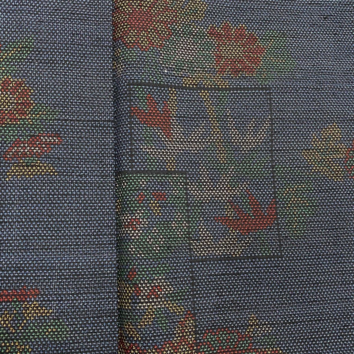 塩沢紬 身丈160cm 裄丈61.5cm S 単衣 証紙 菊 笹 紺色 正絹 美品