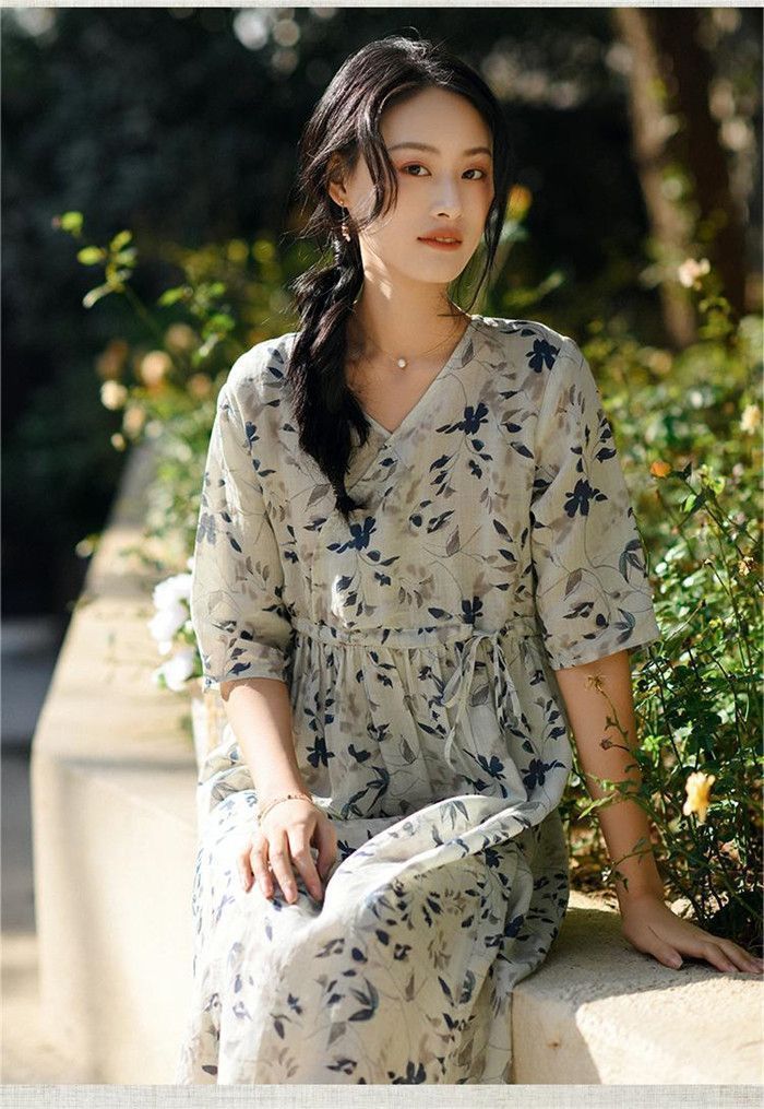 ロングワンピース 綿麻風 レディース 夏 花柄ワンピース 半袖ワンピース リネン Vネック ワンピ 大きいサイズ ロングワンピ 花柄 総柄 フ ワンピース 森ガール リゾートワンピース 体型カバー 大人 ゆったり きれいめ mansi01