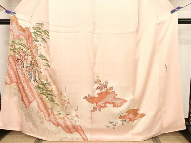 平和屋着物●京友禅の第一人者　松井青々　訪問着　絞り　御所車梅松文　暈し染め　金彩　正絹　逸品　AAAY9978np 平和屋着物○京友禅の第一人者 松井青々 訪問着 絞り 御所車梅松文 暈