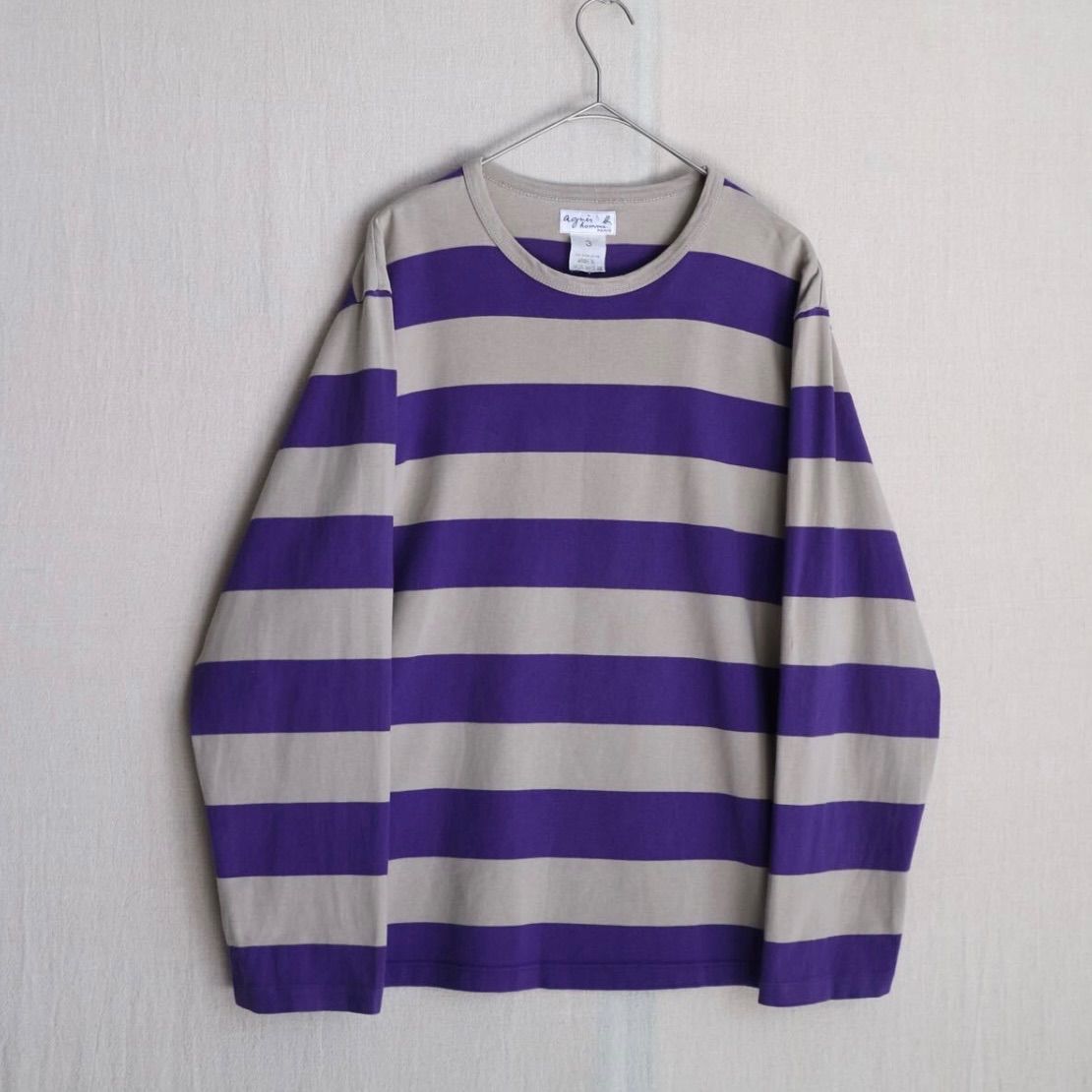 agnes b. homme ボーダー ロンT / 3 コットン パープル ベージュ