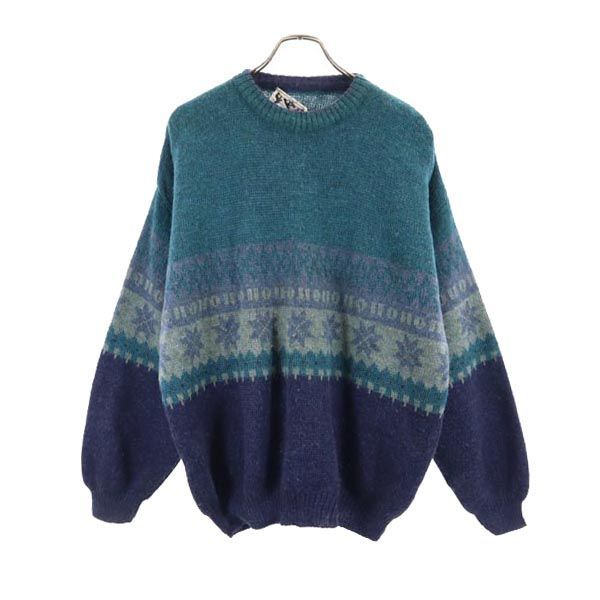 ヴィンテージ 80s 90s イタリア製 ウールブレンド 総柄 ニット L グリーン系 VINTAGE 長袖セーター メンズ 【中古】  【231022】