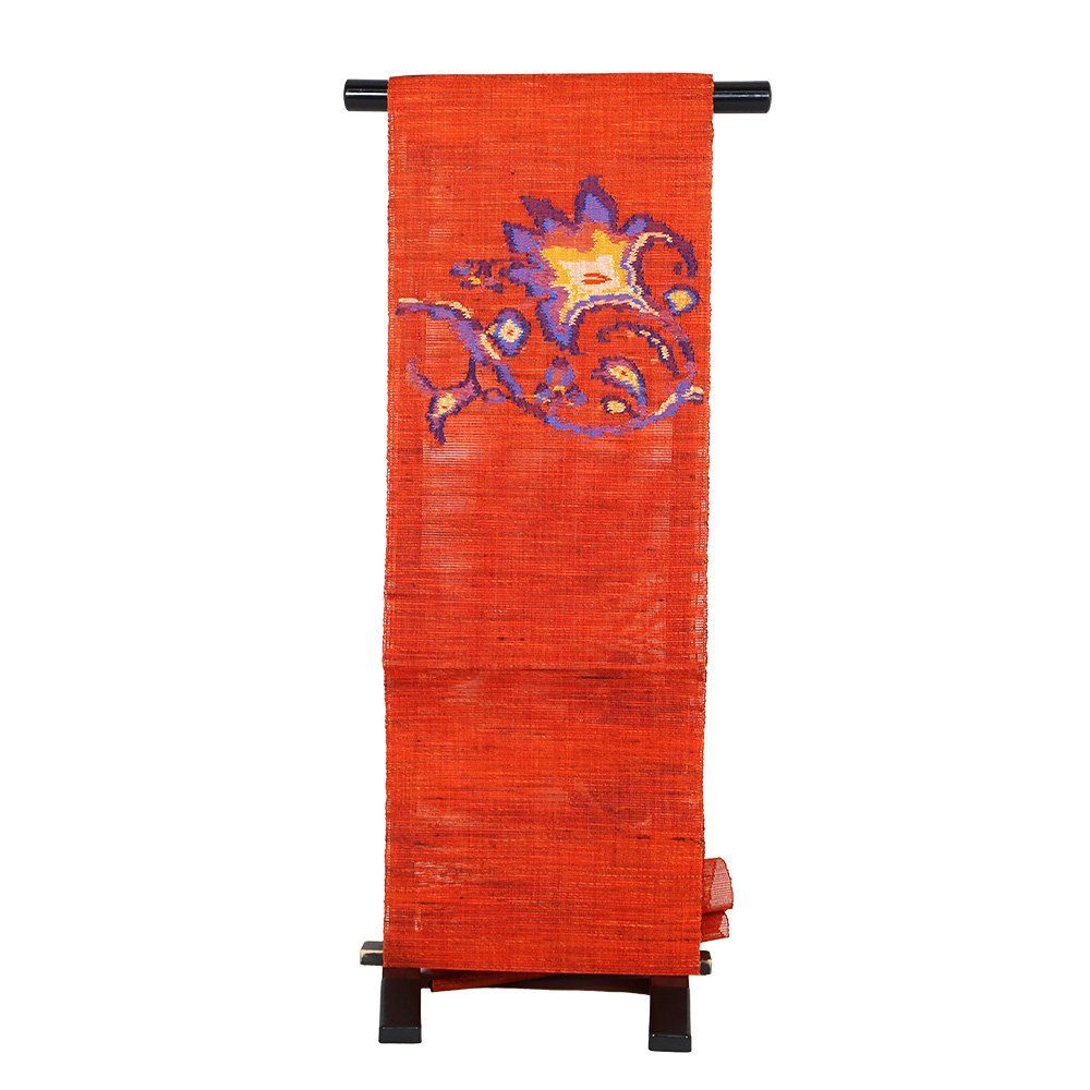 専用です　　夏物　名古屋帯　美品 羅 夏紬 名古屋帯 正絹 朱色 橙色 暈し 唐花 N2861 未使用品 夏
