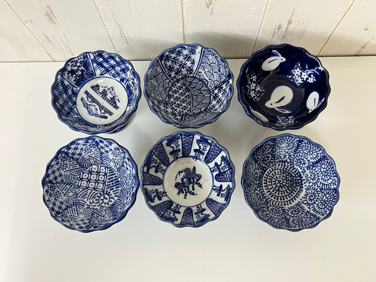 龍馬】陶器 青花 杯洗 6点セット 陶磁器 染付 菊口形 盃 日本酒
