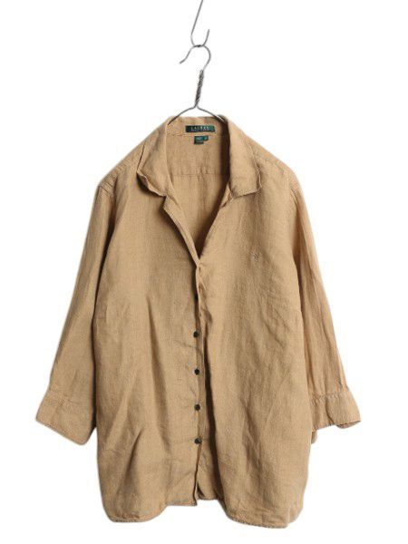 なクーポン配布中! 00s LAUREN ラルフローレン リネン 七分丈 オープン シャツ レディース 2X オーバーサイズ ブラウス 大きいサイズ 茶