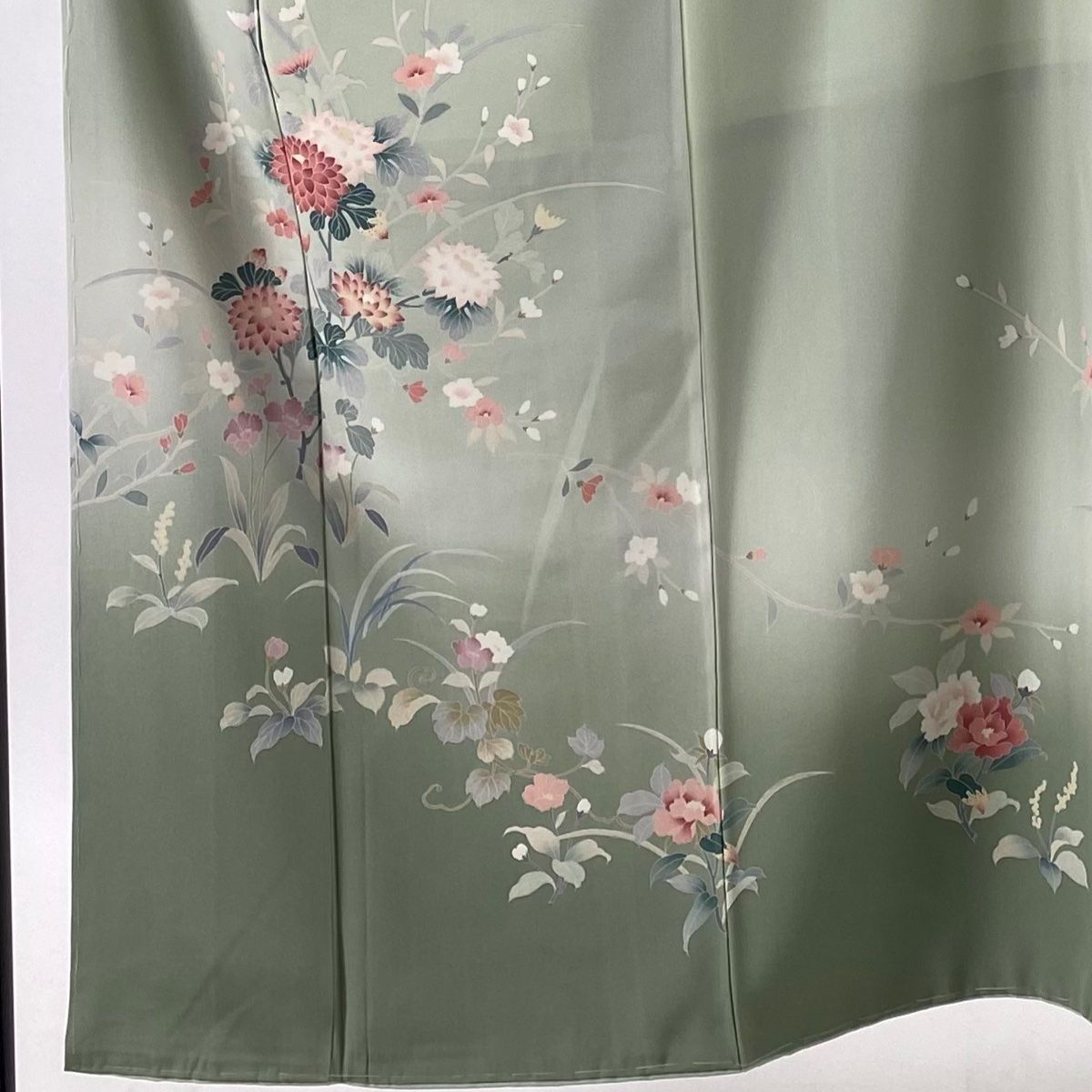 あす楽・即納 訪問着 美品 秀品 菊 草花 ぼかし 灰緑 袷 身丈153cm 裄