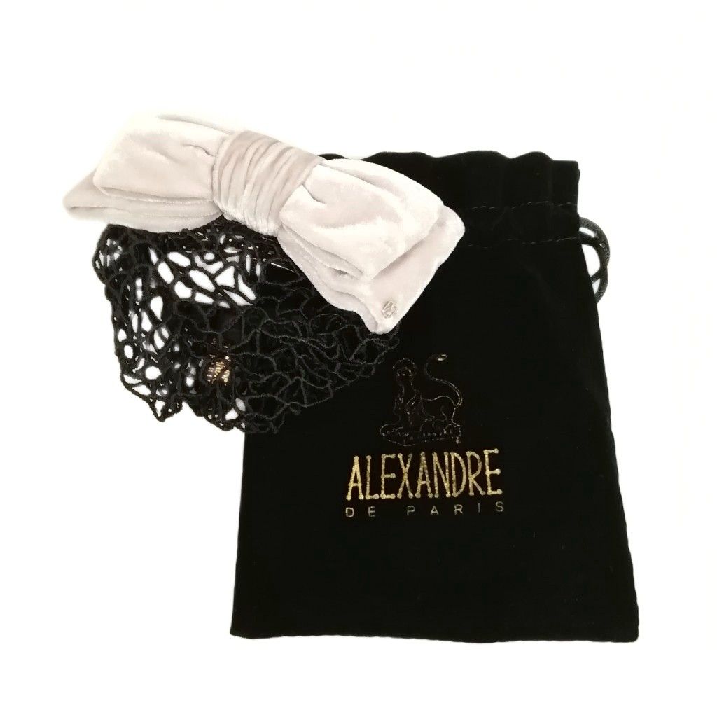 アレクサンドルドゥパリ Alexandre De Paris シニヨンネット付 ベルベット ベロア リボン バレッタ ヘアアクセサリー ピンクグレー系