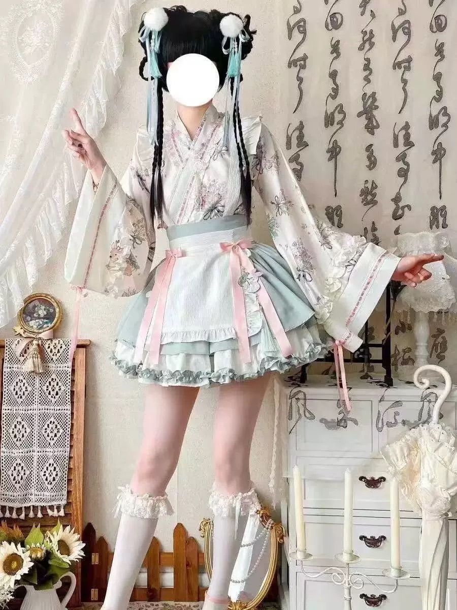 パニエ付き 和風 グリーン ロリータ ドレス トランペット袖 姫袖 華ロリ サブカル 服 ガーリー系 ロリィタ バンギャ
