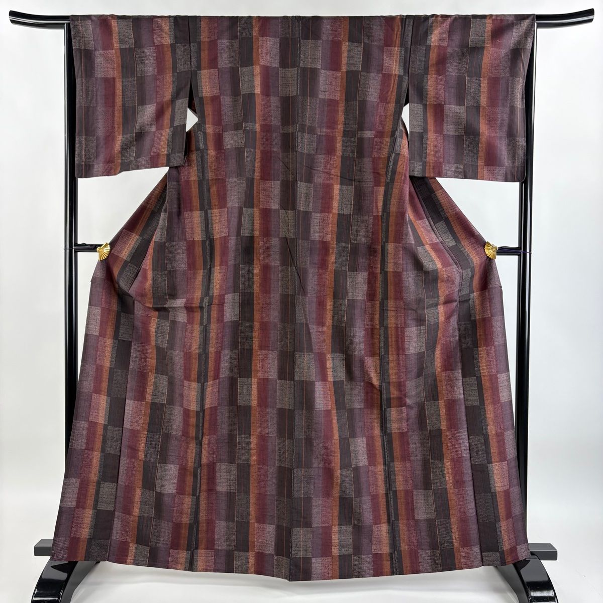 紬 身丈165cm 裄丈63cm S 袷 幾何学模様 薄茶色 正絹 美品