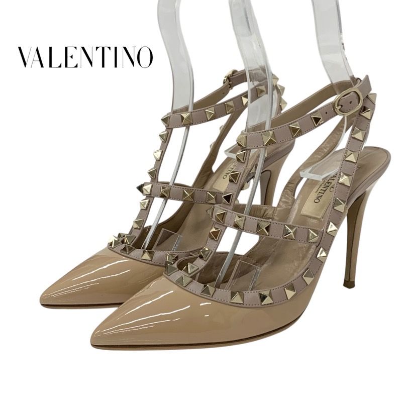 ヴァレンティノ VALENTINO パンプス 靴 シューズ パテント レザー ベージュ ゴールド ロックスタッズ サンダル バックストラップ -  メルカリ