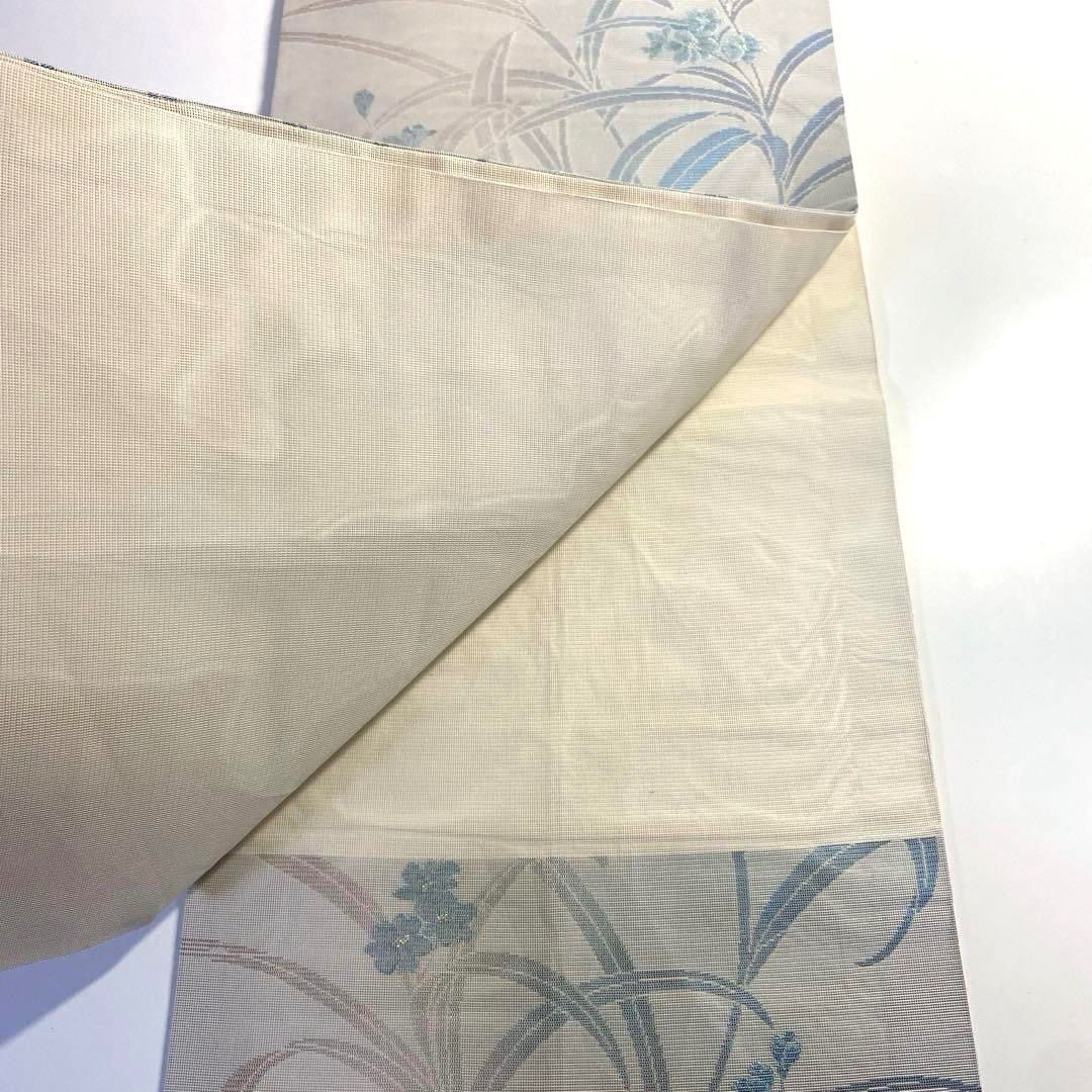 4k1055 名古屋帯 絹 夏帯 夏物 紗 白 青 銀色 花柄 和装 着物 - メルカリ 