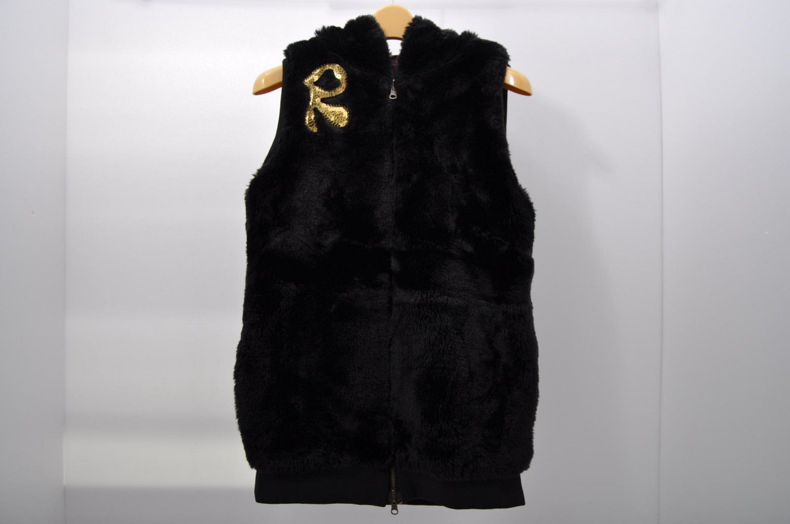 中古 レディース ラッセルノ RUSSELUNO ベスト L 黒 茶 フード付き リバーシブル ボア ヒョウ柄