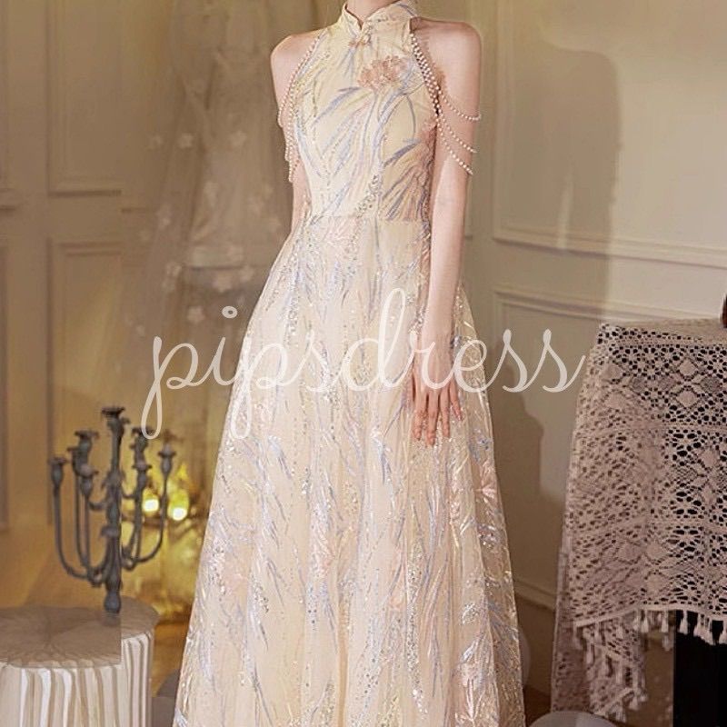 ホルターネック M ウェディングドレス パール スパンコール ロングドレス イブニングドレス 前撮り 二次会 発表会 演奏会 花嫁 披露宴 韓国風 感 Aライン ベージュ ピンク シャンパン pipsセレクト