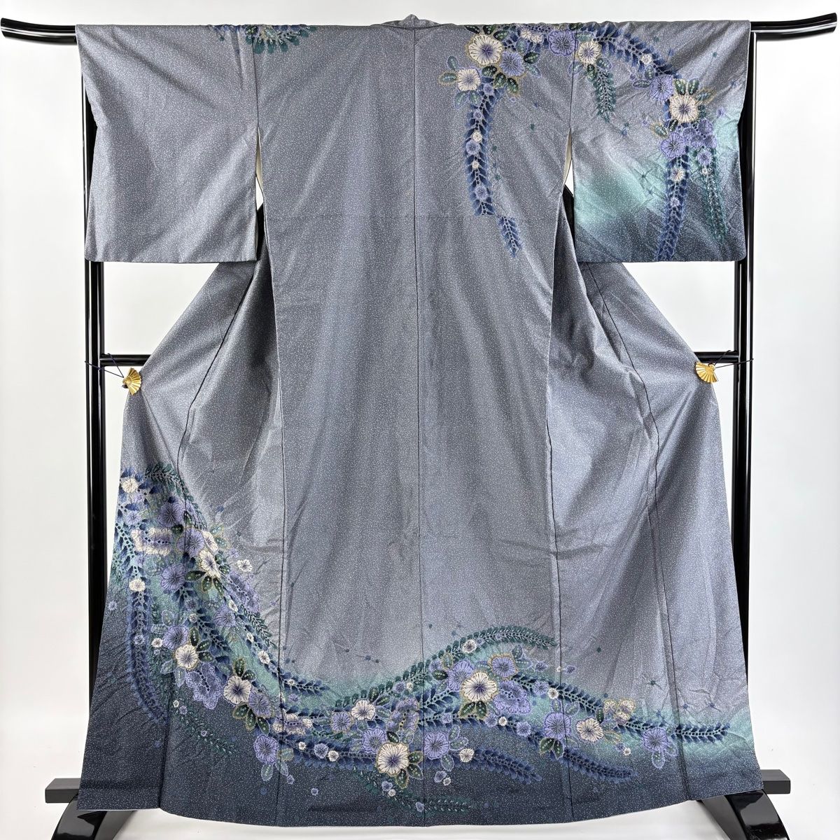 訪問着 身丈164cm 裄丈65cm M 袷 大島紬地 証紙 辻が花 ぼかし 灰色 正絹 名品 【】