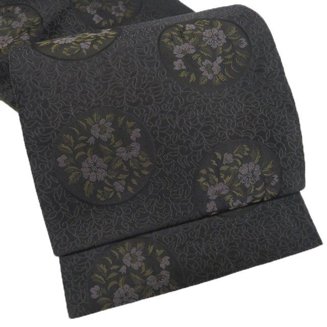 袋帯 リサイクル 正絹 カジュアル 仕立て上がり 全通 花模様 唐草模様 黒色 多色 きもの北條 A1285-14