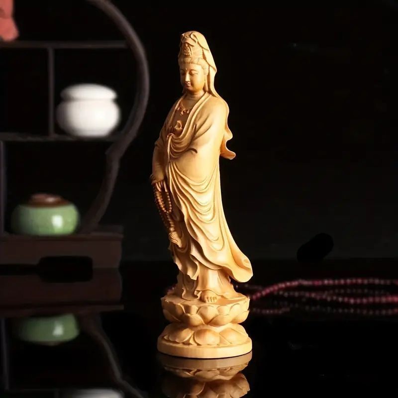 観音菩薩像 - 繊細な木彫りの仏像手作り木製観音像 1個