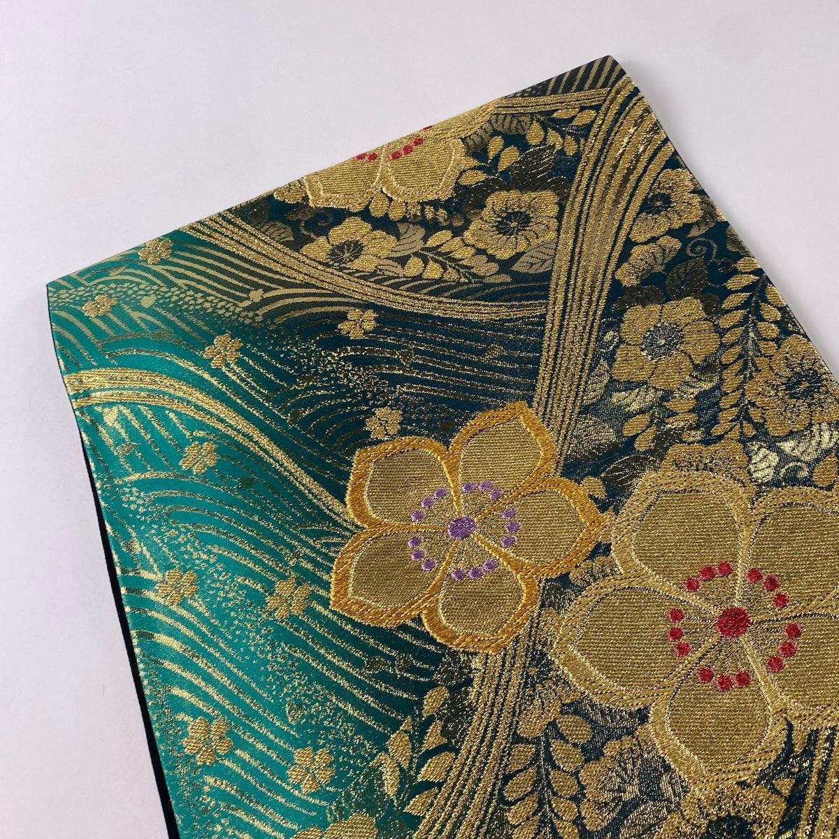 袋帯 美品 秀品 振袖向き 花 波 金糸 箔 緑 六通 正絹 【中古