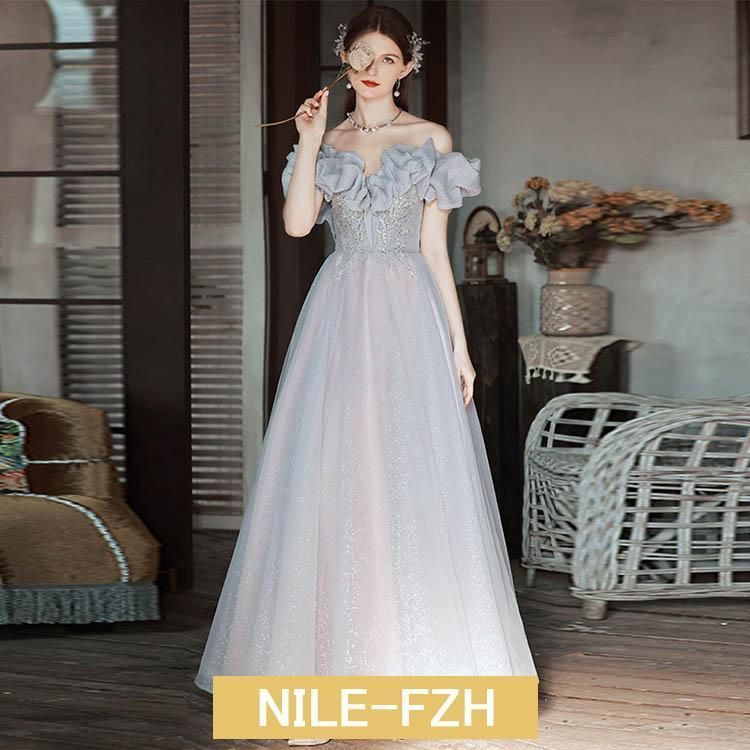 イブニングドレス オフショルダー 発表会ドレス ロングドレス パーティードレス グレー Aラインドレス 結婚式ドレス 二次会ドレス お呼ばれドレス 編み上げ イブニングドレス オフショルダー 発表会ドレス ロングドレス