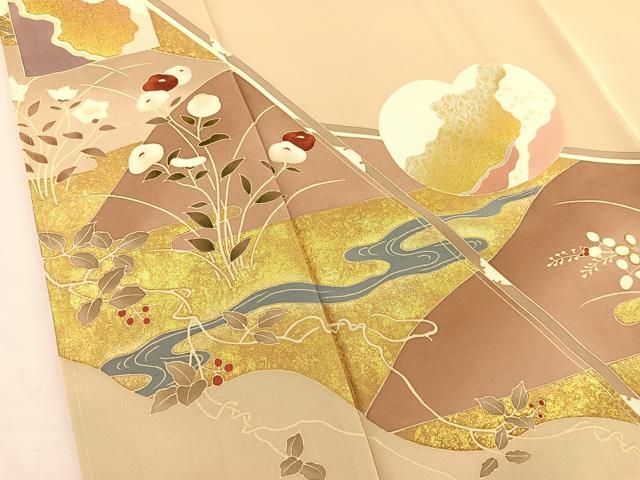 【華やか】⭐️金彩訪問着⭐️短冊文様⭐️縮緬⭐️ 平和屋着物○豪華振袖 駒刺繍 花蝶丸文 暈し染め 金彩 正絹 逸品