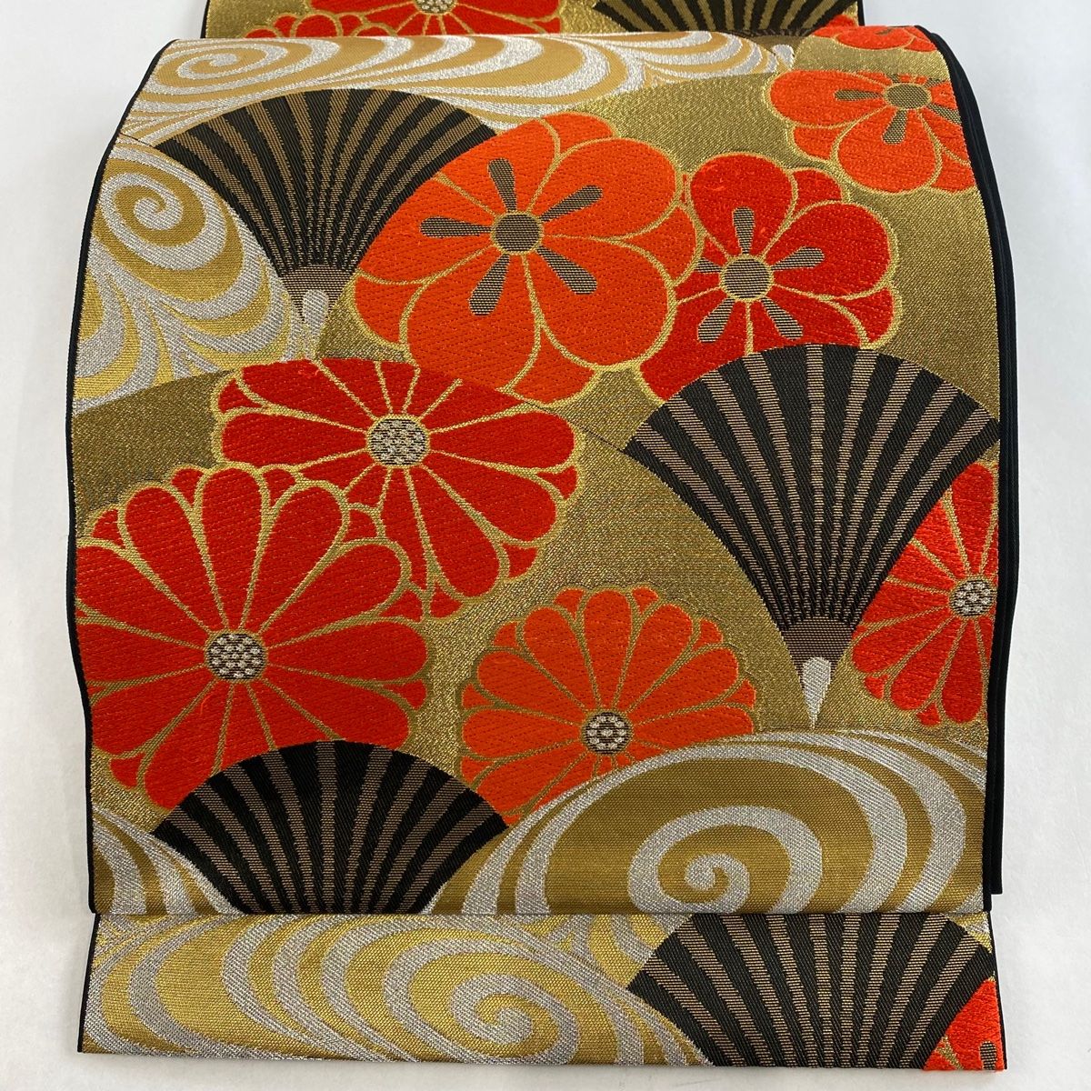 袋帯 逸品 華文 花唐草 刺繍 金銀糸 青灰色 六通 正絹 中古（袋帯 炊け  