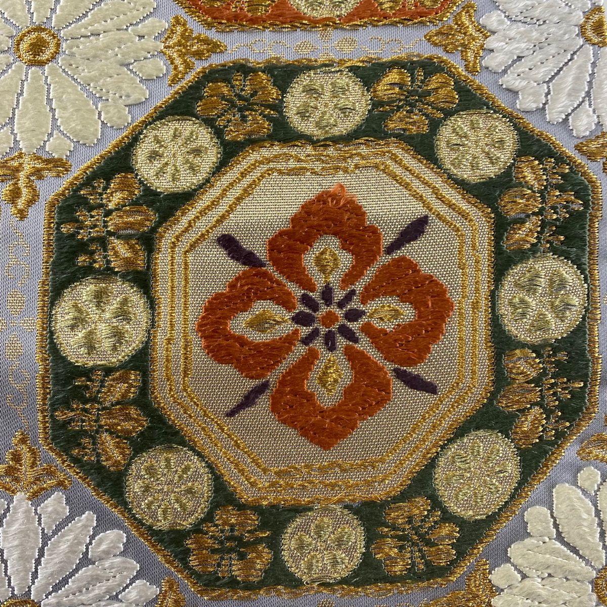 袋帯 美品 逸品 落款 河合康幸 華文 花 金糸 唐織 青灰色 六通 正絹