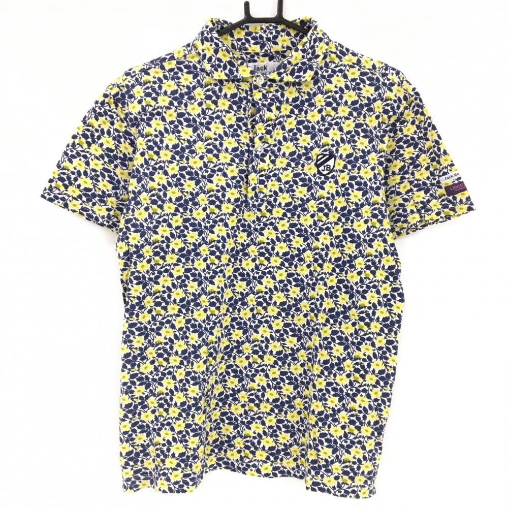 ジャックバニー×LIBERTY 半袖ポロシャツ ネイビー×イエロー 花柄 メンズ 6(XL) ゴルフウェア Jack Bunny