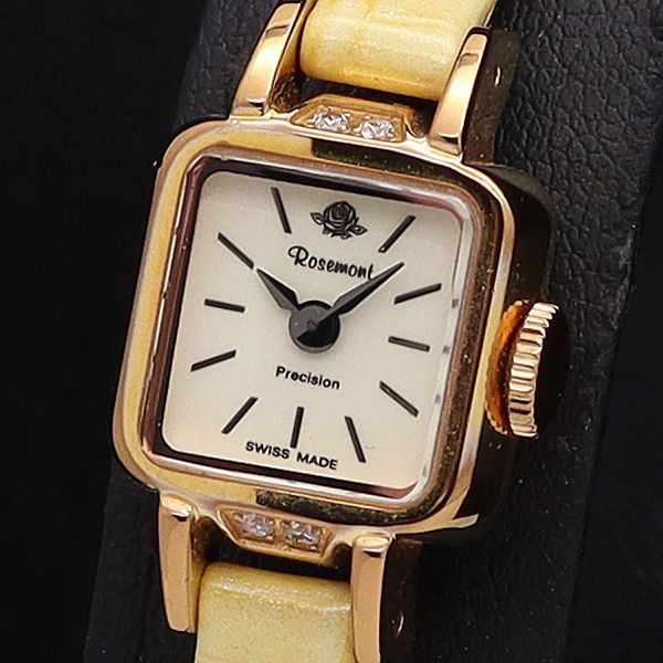稼働 良品 ロゼモン QZ RS-005 白文字盤 石付 スクエア レディース腕時計 HSY
